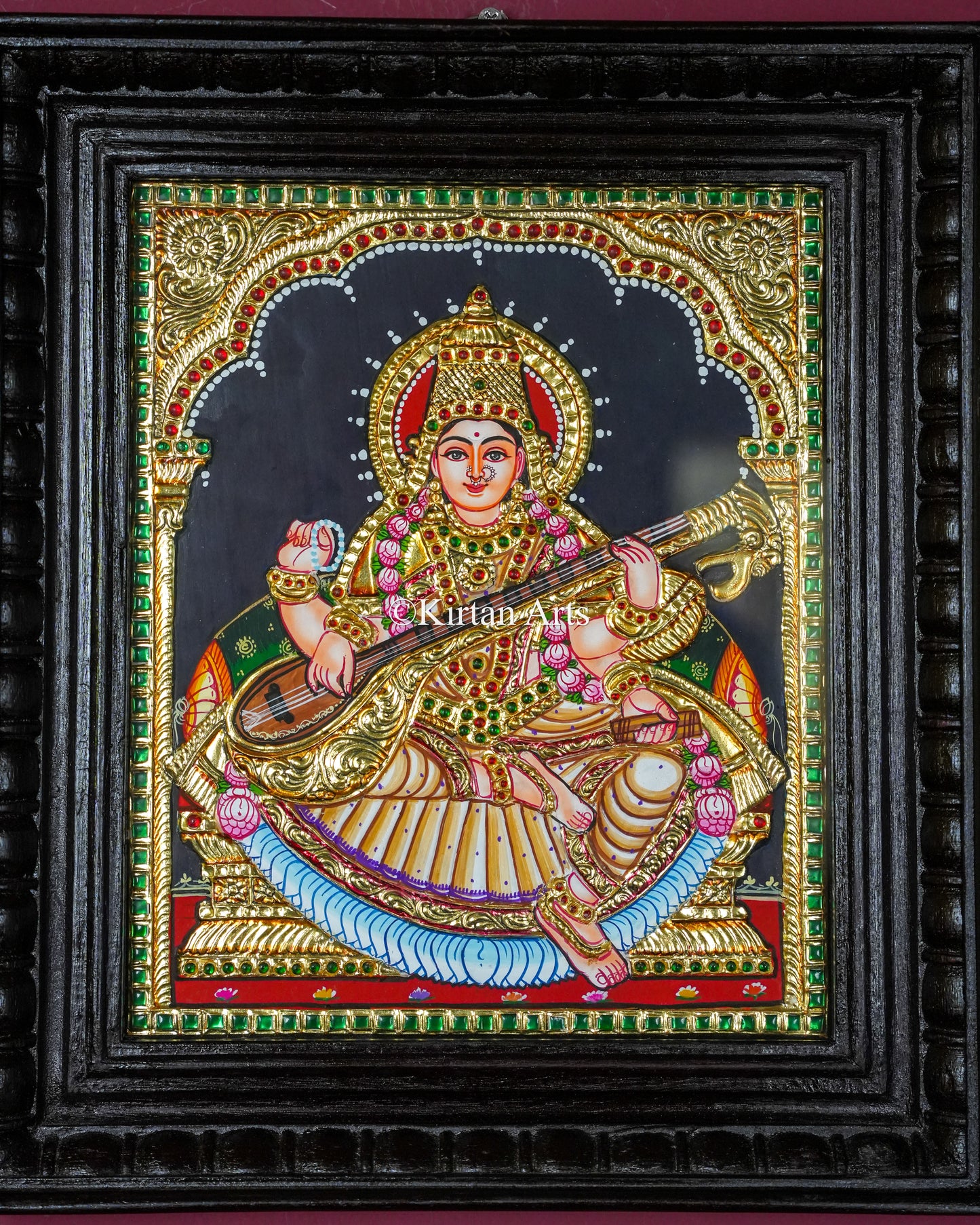 Divine Goddess Saraswati Tanjore Painting – 12x10 Inch Traditional Gold Foil Wall Art (15x13 Inches with Frame)