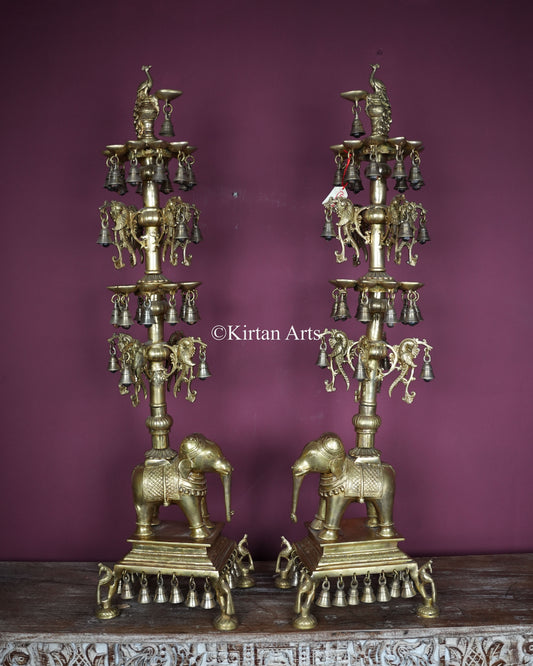 Exquisite Brass Elephant Diya Pair | 43" | Multi-Tier Lamp