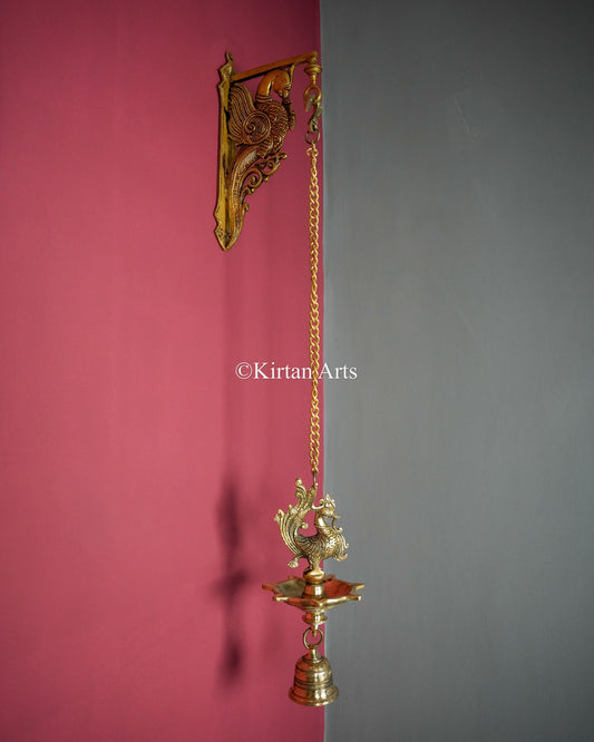 Solid Brass Hanging Peacock Bell Lamp (7 Wick) – 32-Inch Traditional Chain Diya with Carved Mayura and Bell