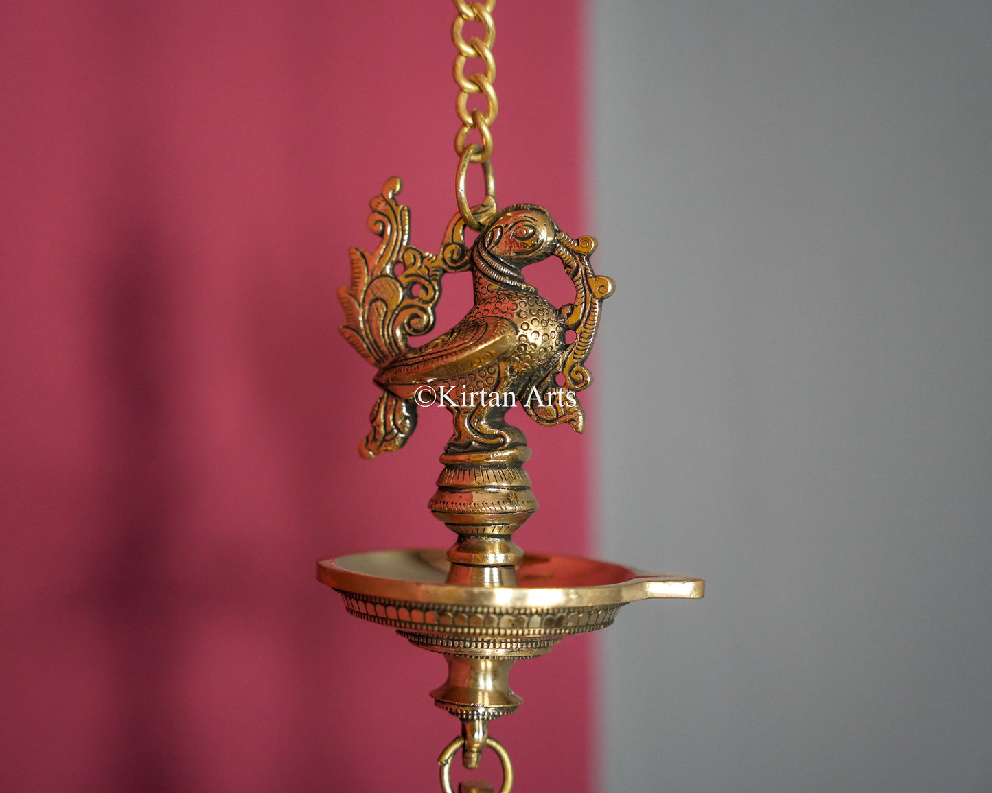 Premium Solid Brass Hanging Peacock Lamp (Single Wick) – 24-Inch Traditional Chain Diya with Carved Mayura and Bell