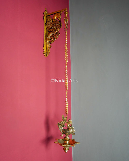 Premium Solid Brass Hanging Peacock Lamp (7 Wick) – 29-Inch Traditional Chain Diya with Carved Mayura