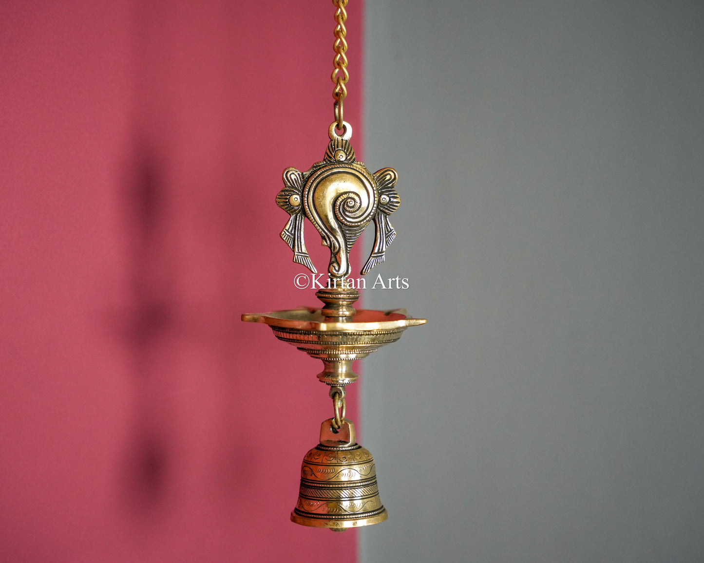 Premium Solid Brass Hanging Shanku and Chakra Lamp Pair (5 Wick) – 25-Inch Traditional Chain Diya Set with Sacred Vaishnava Motifs and Bells