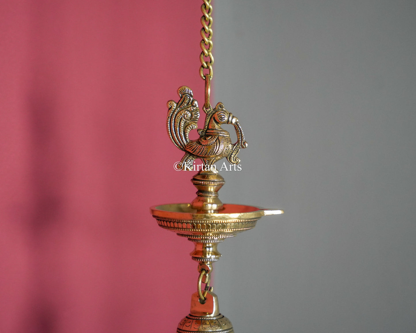 Premium Solid Brass Hanging Peacock Lamp (Single Wick) – 24-Inch Traditional Chain Diya with Carved Mayura and Bell