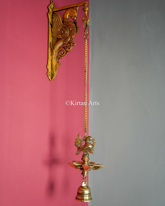 Premium Solid Brass Hanging Peacock Lamp – 24-Inch Traditional Chain Diya with Carved Mayura and Deep-Cup 5-Wick Bell