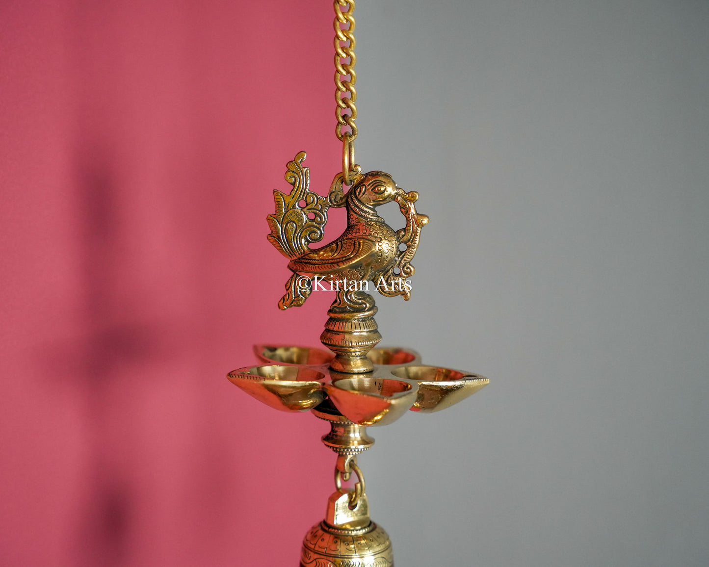 Premium Solid Brass Hanging Peacock Lamp – 24-Inch Traditional Chain Diya with Carved Mayura and Deep-Cup 5-Wick Bell