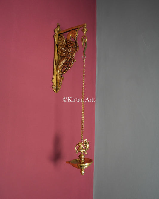 Premium Solid Brass Hanging Peacock Lamp (1 Wick) – 20-Inch Traditional Chain Diya with Carved Mayura