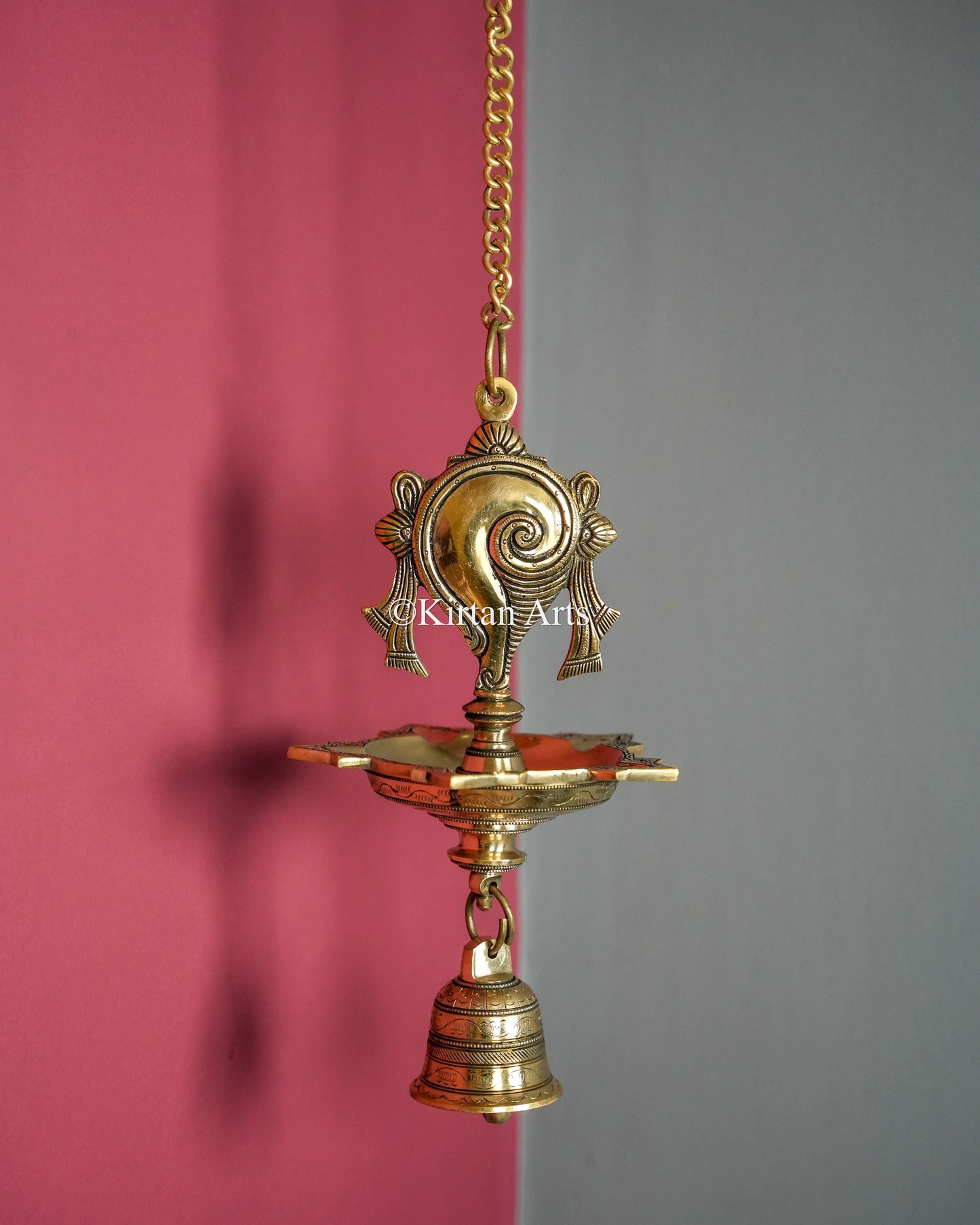 Premium Grand Solid Brass Hanging Shanku and Chakra Lamp Pair (5 Wick) – 36-Inch Traditional Chain Diya Set with Sacred Vaishnava Motifs and Heavy Bells