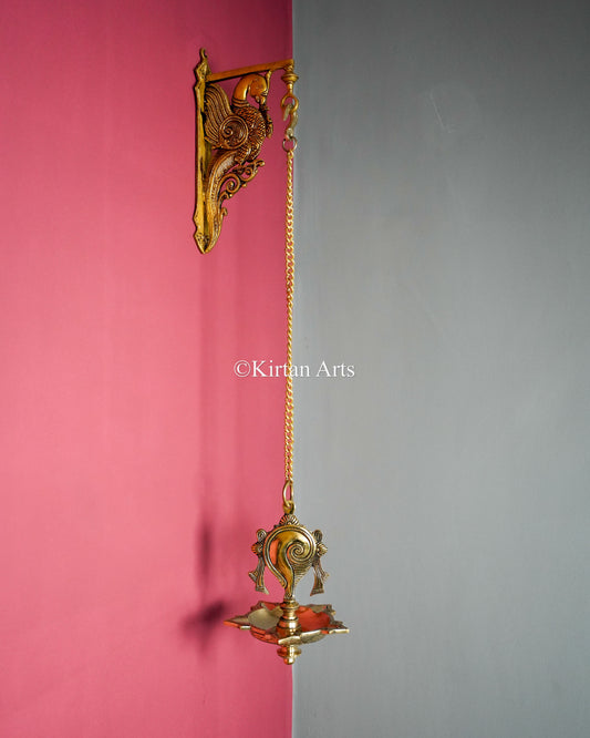 Premium Grand Solid Brass Hanging Shanku and Chakra Lamp Pair (5 Wick) – 32-Inch Traditional Chain Diya Set with Sacred Vaishnava Motifs