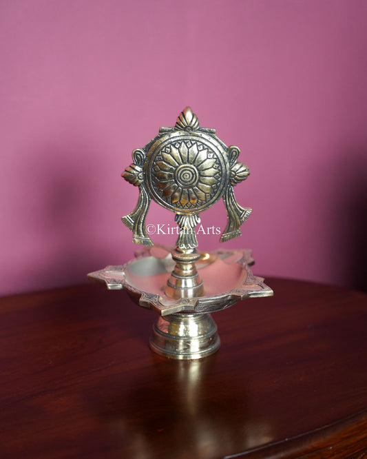 Premium Heavy Solid Brass Shankh & Chakra Standing Lamp Pair – 10-Inch Traditional Tabletop Brass Diya Set with Sacred Vaishnava Motifs and Compact Pedestal Bases