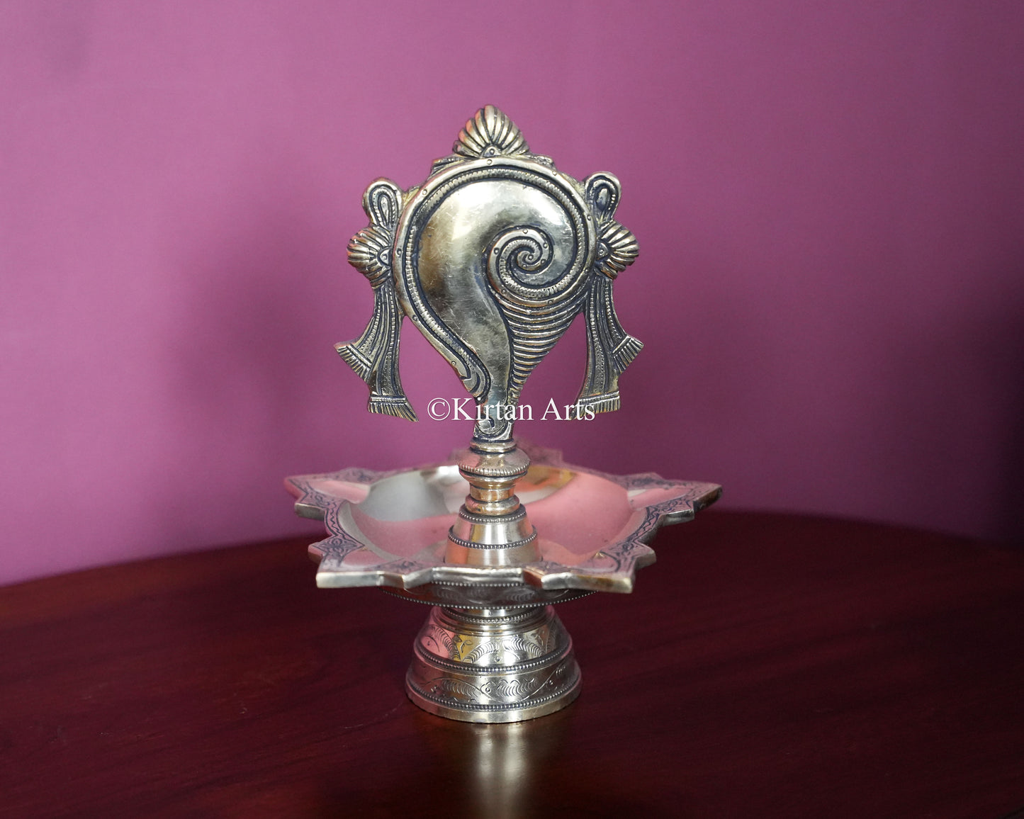Premium Heavy Solid Brass Shankh & Chakra Standing Lamp Pair – 10-Inch Traditional Tabletop Brass Diya Set with Sacred Vaishnava Motifs and Compact Pedestal Bases