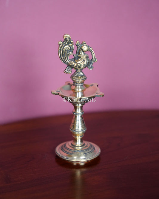 Premium Solid Brass Peacock Standing Lamp Pair – 8-Inch Traditional Tabletop Brass Kuthuvilakku Set with Carved Mayura Finials