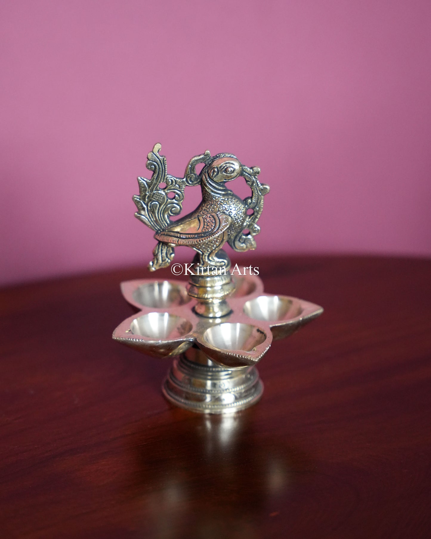 Premium Solid Brass Peacock Standing Lamp Pair(5 Wick) – 6-Inch Traditional Tabletop Brass Diya Set with Carved Mayura Finials 