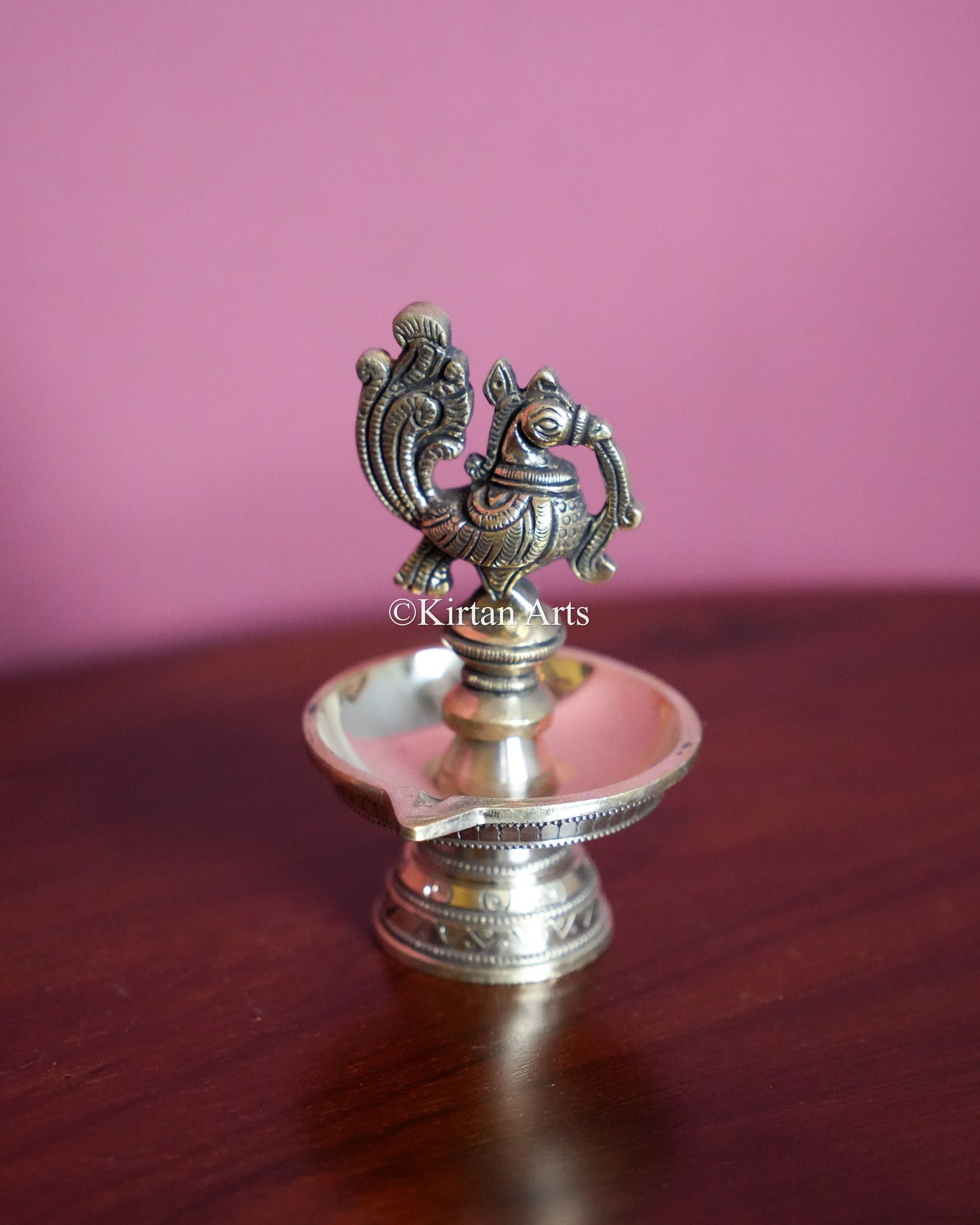 Premium Solid Brass Peacock Standing Lamp Pair(1 Wick) – 5-Inch Traditional Tabletop Brass Diya Set with Carved Mayura Finials 