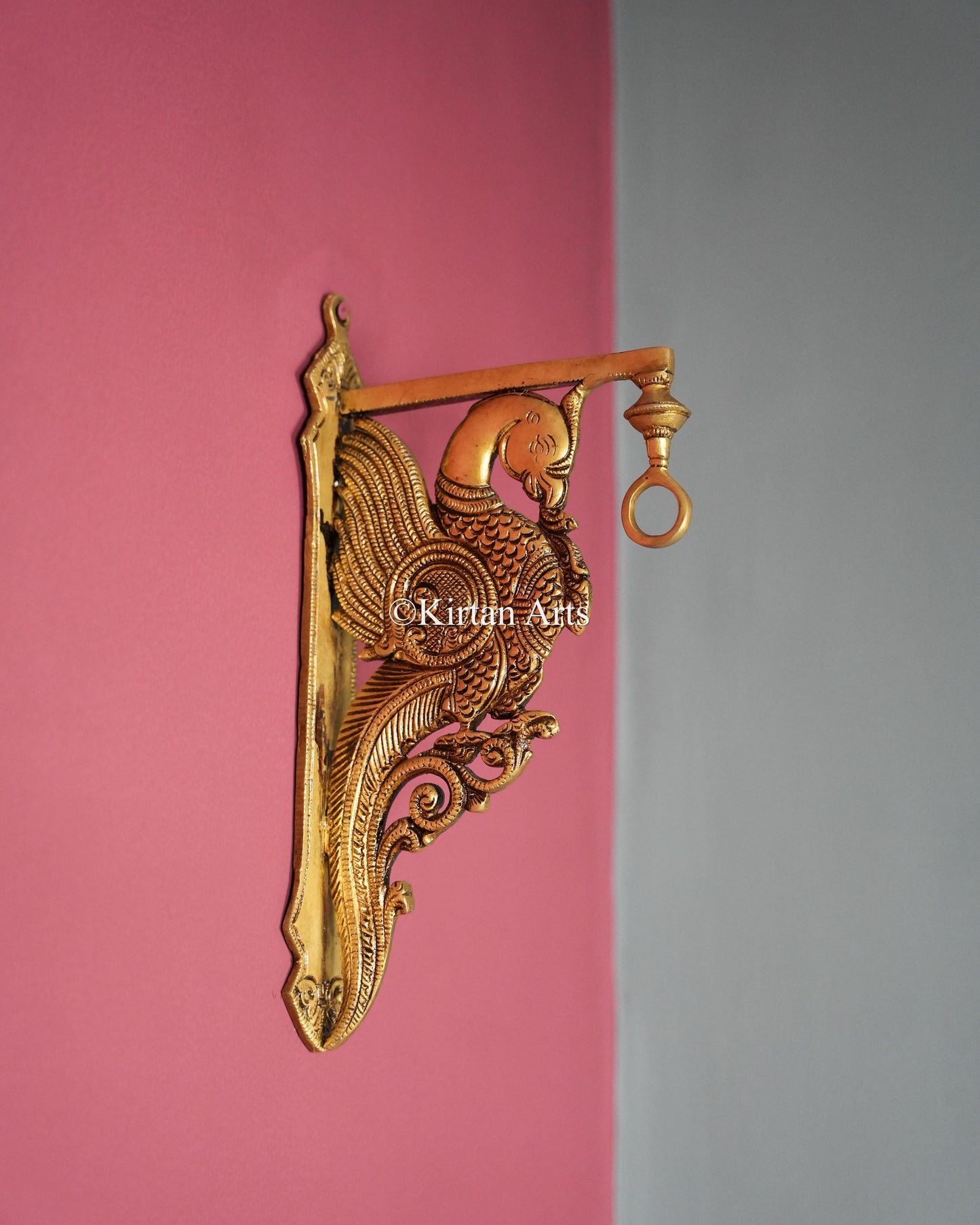 Premium Brass Peacock Hanging Bracket – 12-Inch Traditional Wall Hanger for Lamps and Diyas