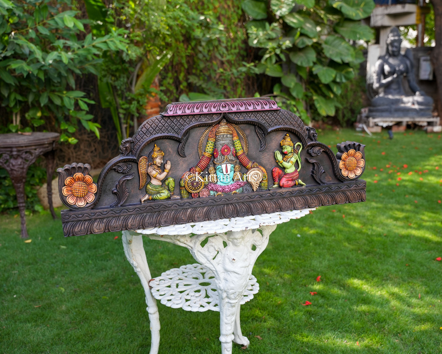 36x14 Inch Tirupati Balaji Wall Panel with Hand-Painted Watercolor Finish, Garuda, and Hanuman
