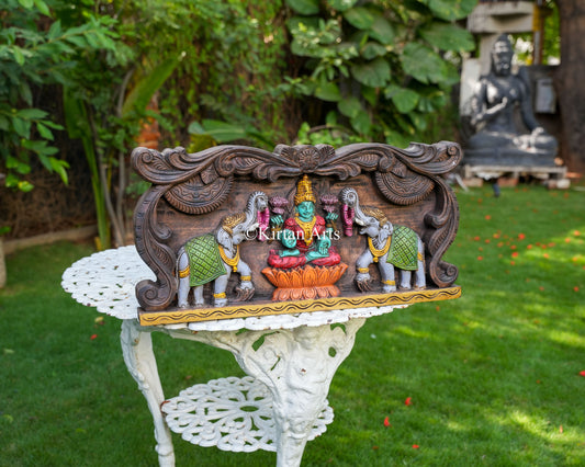 24"x12" Hand-Carved Wooden GajaLakshmi Wall Panel