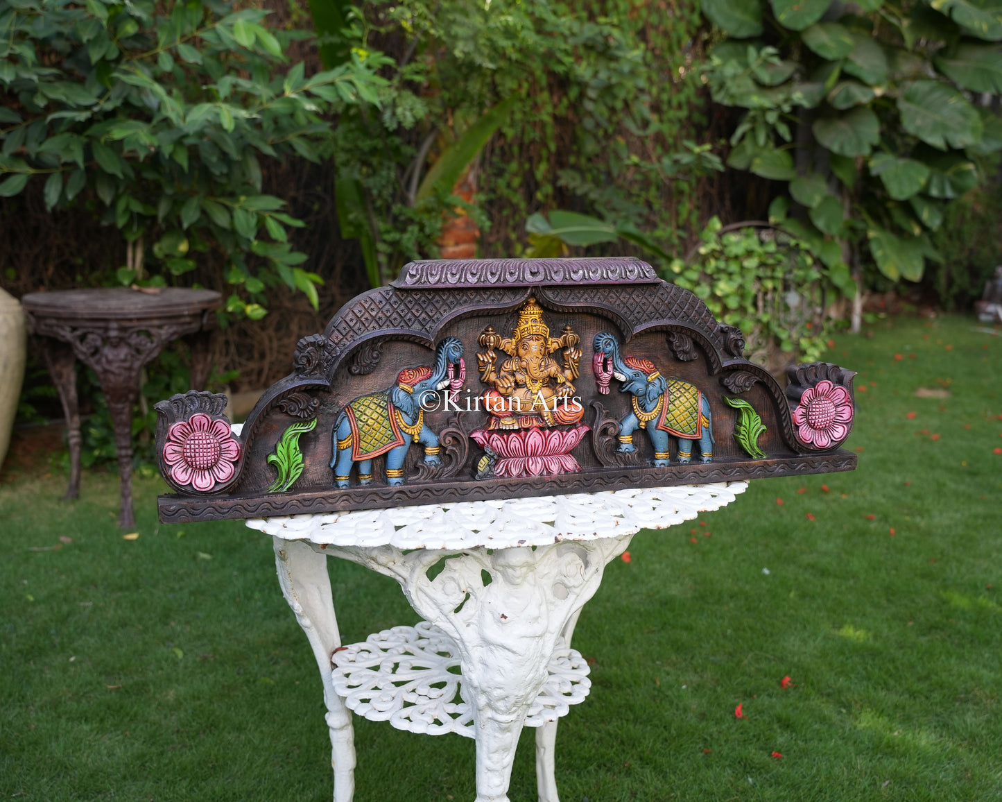 36" Premium Handcrafted Wooden Ganesha Wall Panel with Watercolor Finish and Elephant Reliefs
