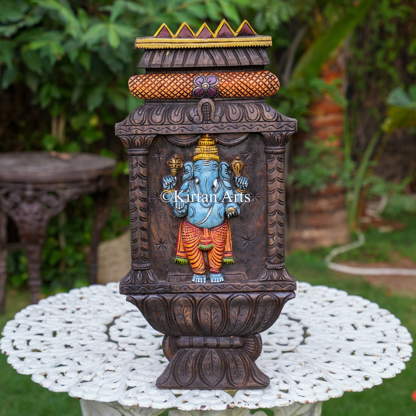 24" Hand-Carved Wooden Ganesha Jharokha Panel (Watercolor Edition)