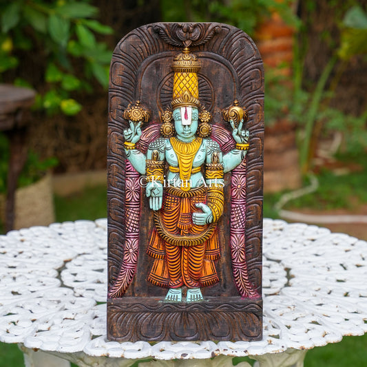 18" Hand-Carved Wooden Tirupati Balaji Wall Panel (Watercolor Edition)