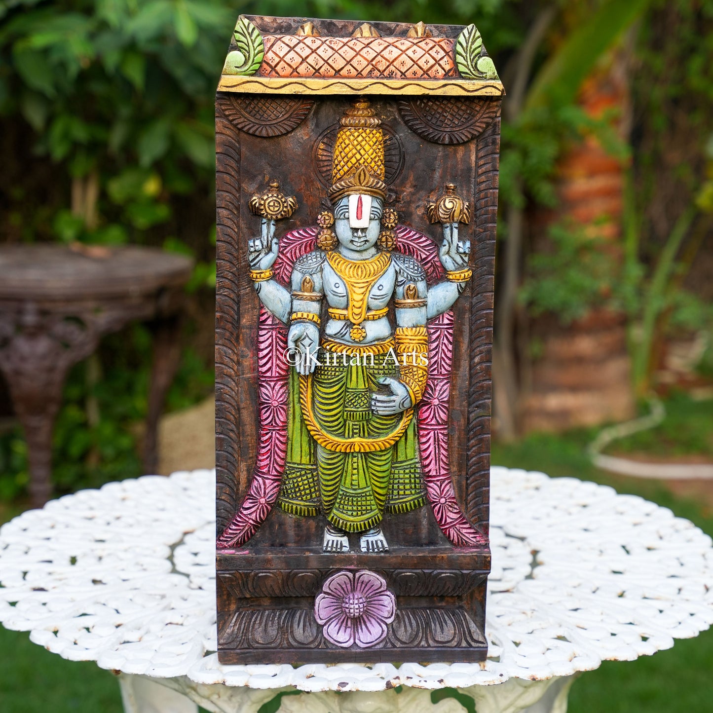 23" Hand-Carved Wooden Tirupati Balaji Panel (Watercolor Edition)