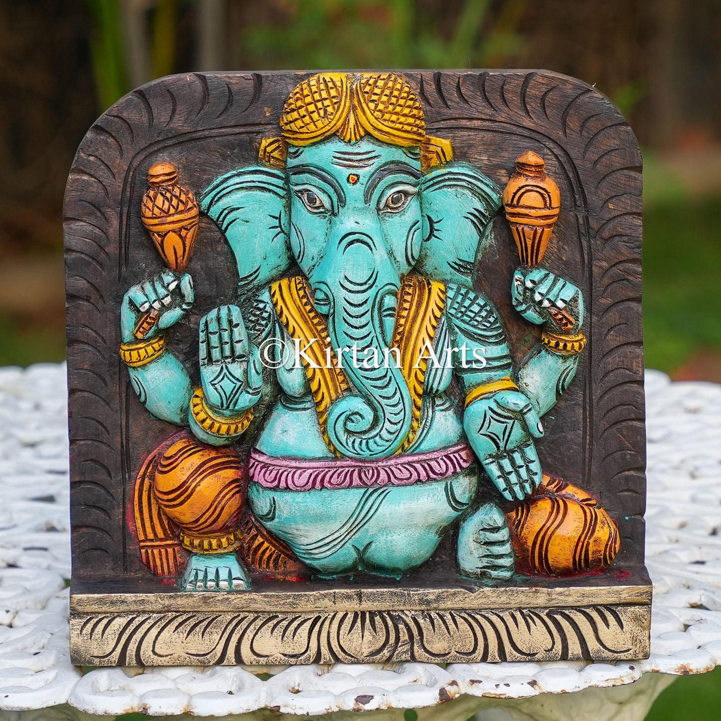 12" Hand-Carved Wooden Ganesha Panel | Hand-Painted Watercolor Finish