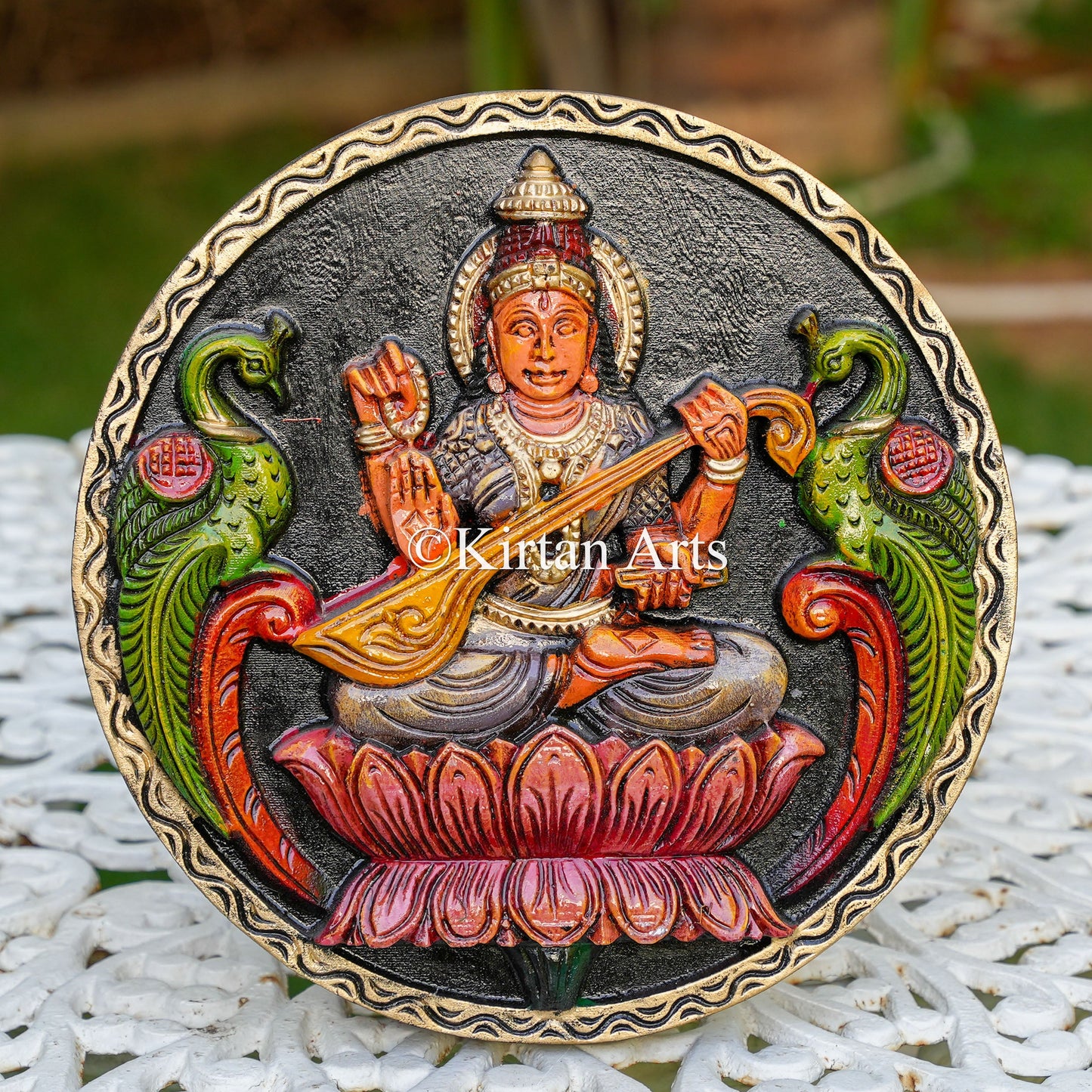 12" Hand-Carved Wooden Saraswati Circular Panel