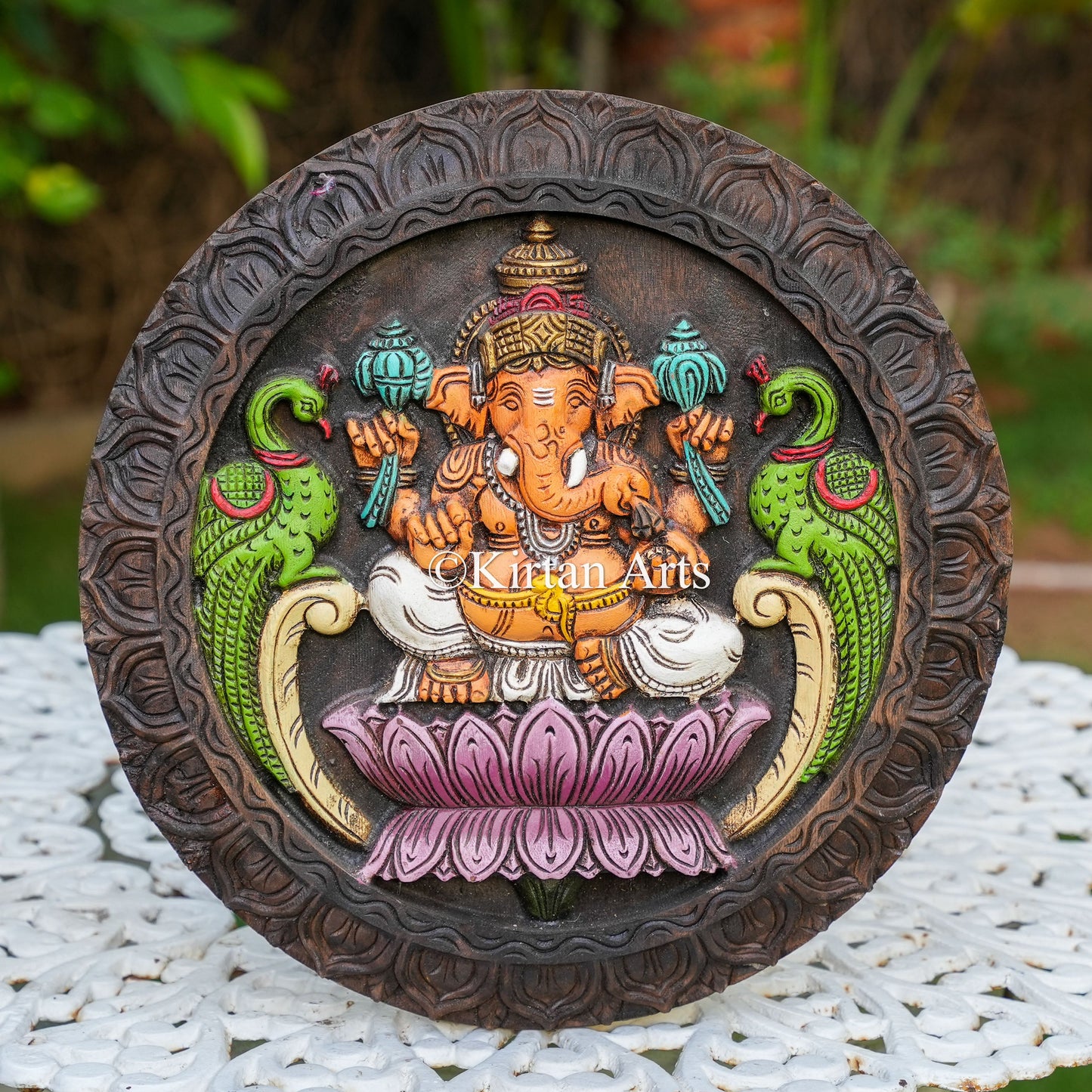 15" Hand-Carved Wooden Ganesha Circular Panel (Watercolor Edition)