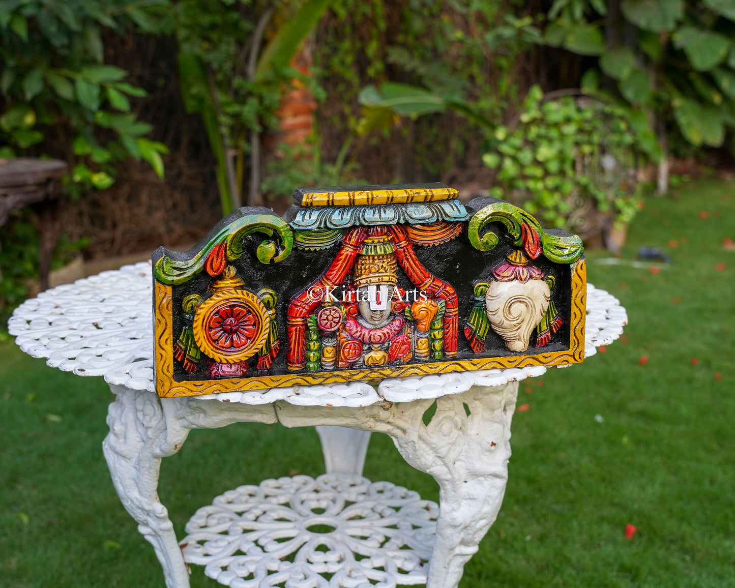 18x8 Inch Wooden Tirupati Balaji Panel with Hand-Painted Shankh and Chakra