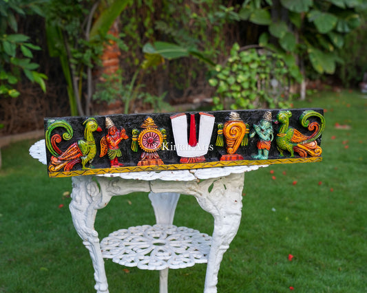 30"x6" Wooden Tirupati Namam Panel with Shankh, Chakra, Garuda, and Hanuman Reliefs