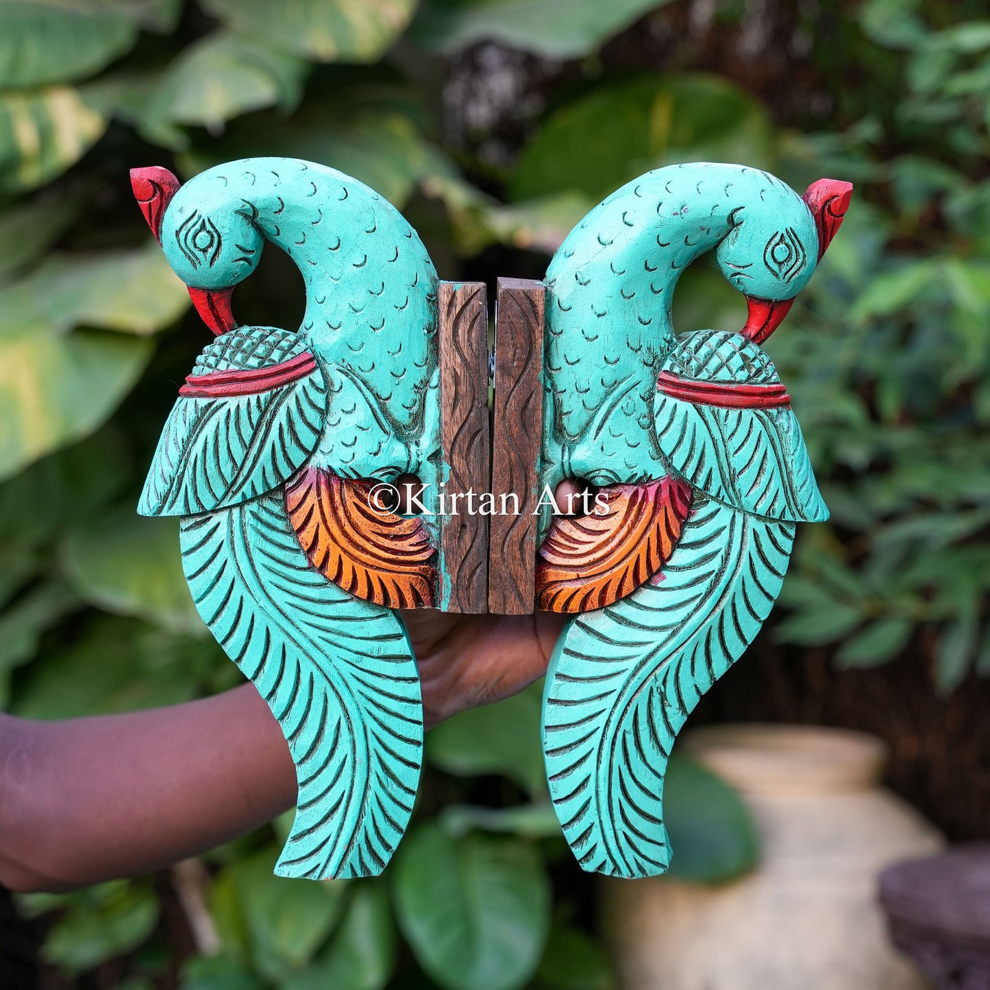12" Hand-Carved Wooden Peacock Wall Bracket Pair | Watercolors