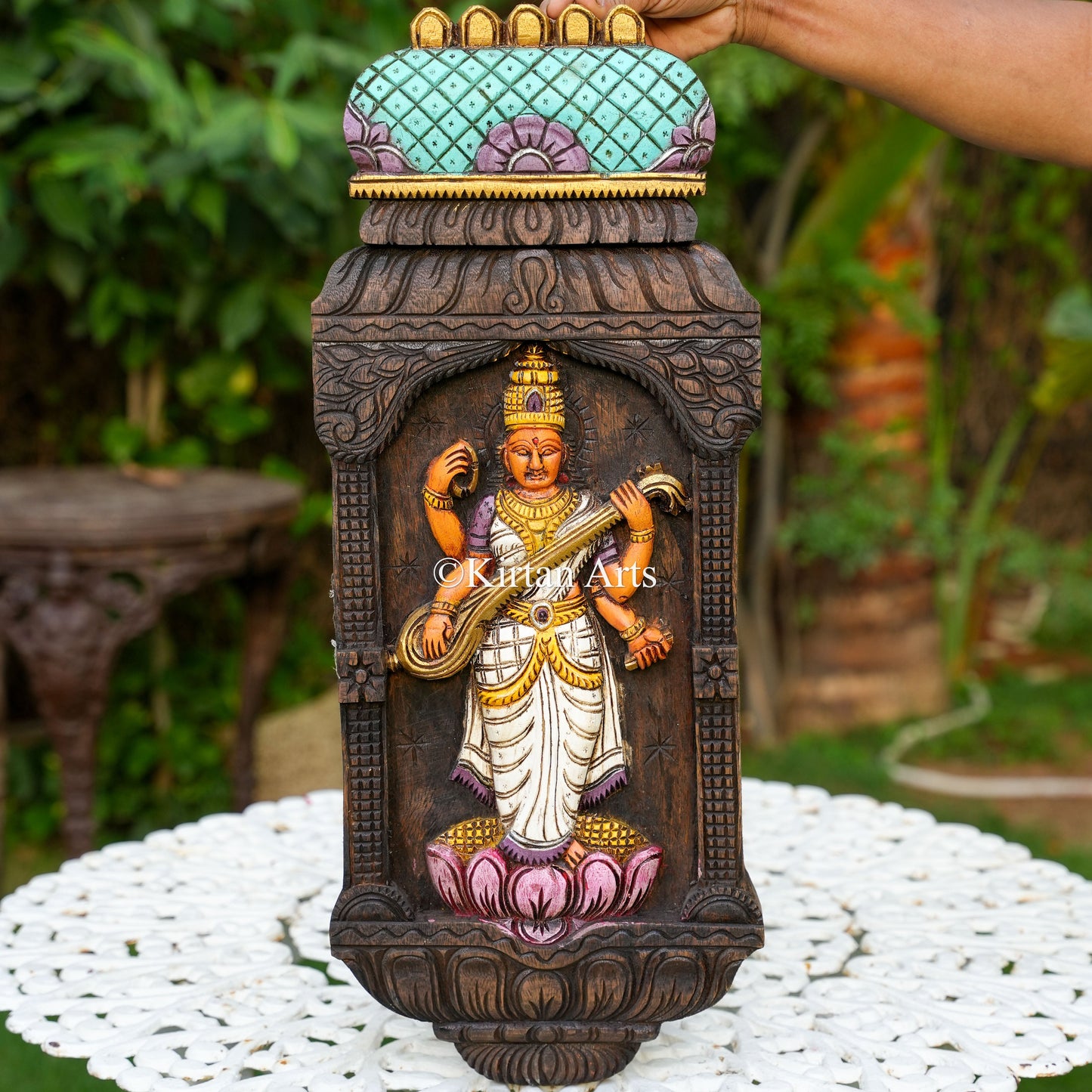 24"x10" Hand-Carved Wooden Saraswati Gopuram Panel