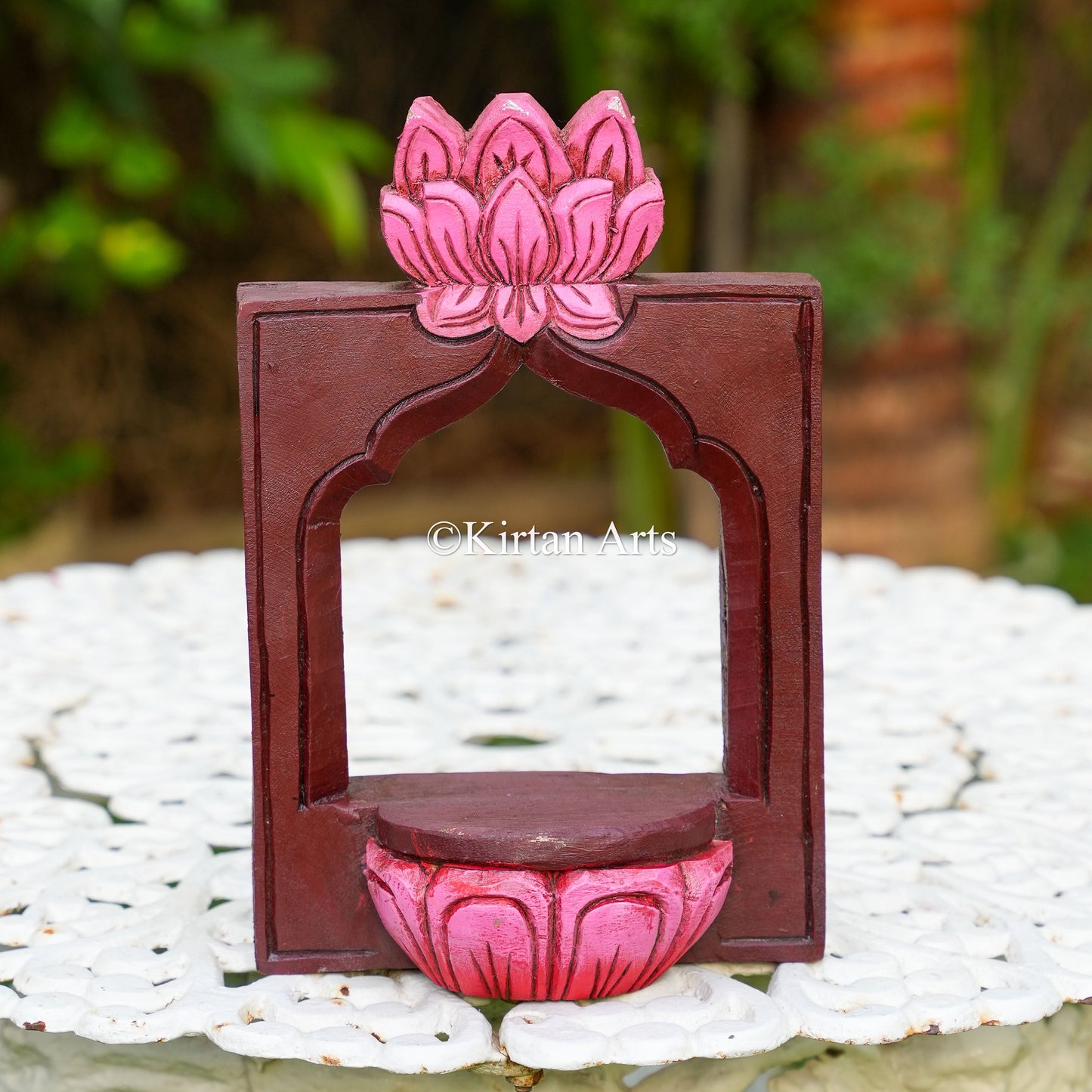 12" Hand-Carved Wooden Lotus Jharokha Altar Frame | Pink Lotus Elements