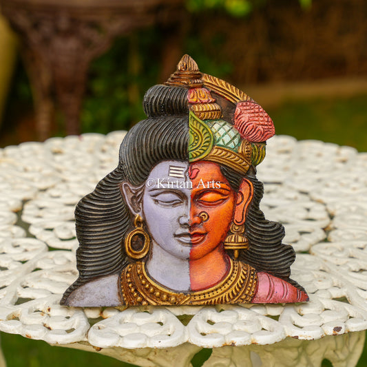 10" Hand-Carved Ardhanarishvara Wooden Wall Panel – Shiva & Parvati Divine Union