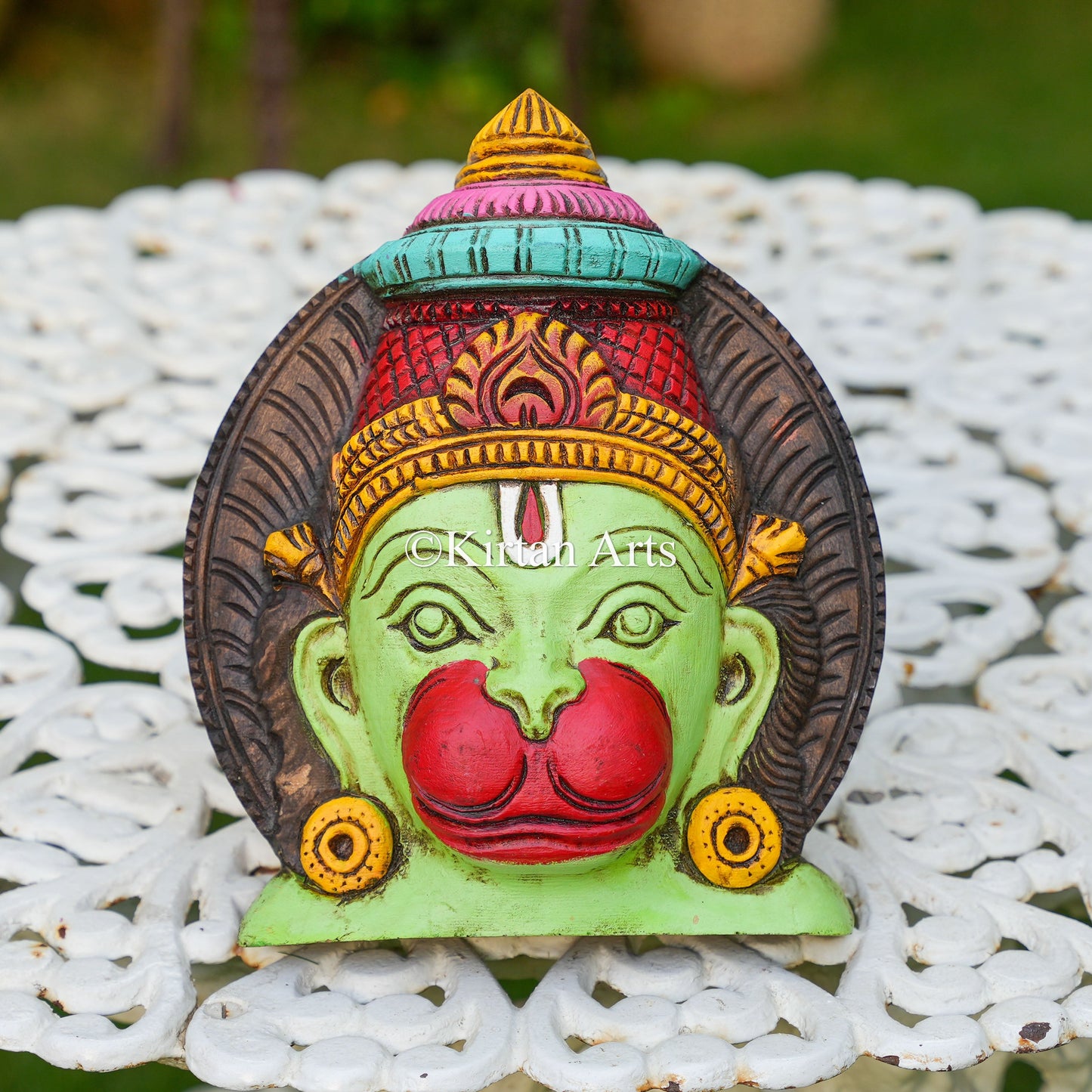 10" Hand-Carved Wooden Lord Hanuman Face Mask | Watercolors
