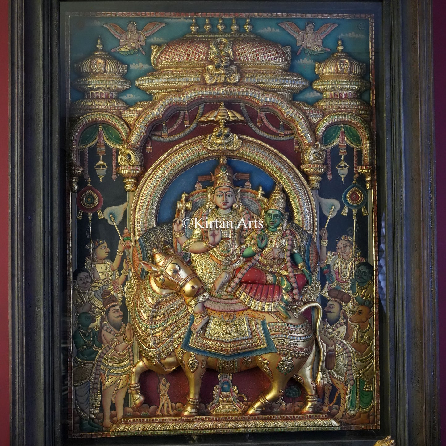Super Embossed 3D Tanjore Painting – Lord Sundareshwara & Goddess Meenakshi on Rishabham | 4x3 ft