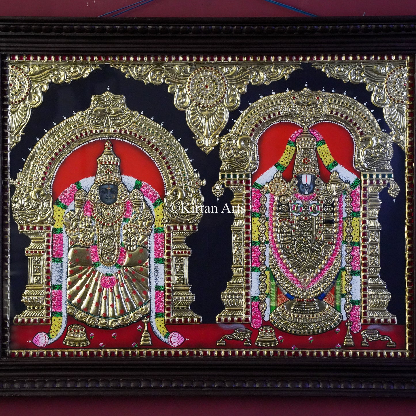 Goddess Padmavati & Lord Venkateswara Tanjore Painting โ 27x21 Inch Horizontal Artwork with 22K Gold Foil & Teakwood Frame