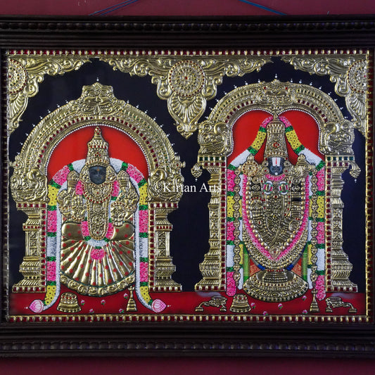 Goddess Padmavati & Lord Venkateswara Tanjore Painting – 27x21 Inch Horizontal Artwork with 22K Gold Foil & Teakwood Frame