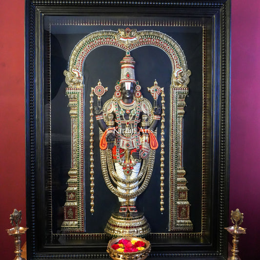 Super Embossed 3D Lord Venkateswara (Tirupati Balaji) Tanjore Painting – 48x36 Inch Artwork (53x41 Inch with Frame)