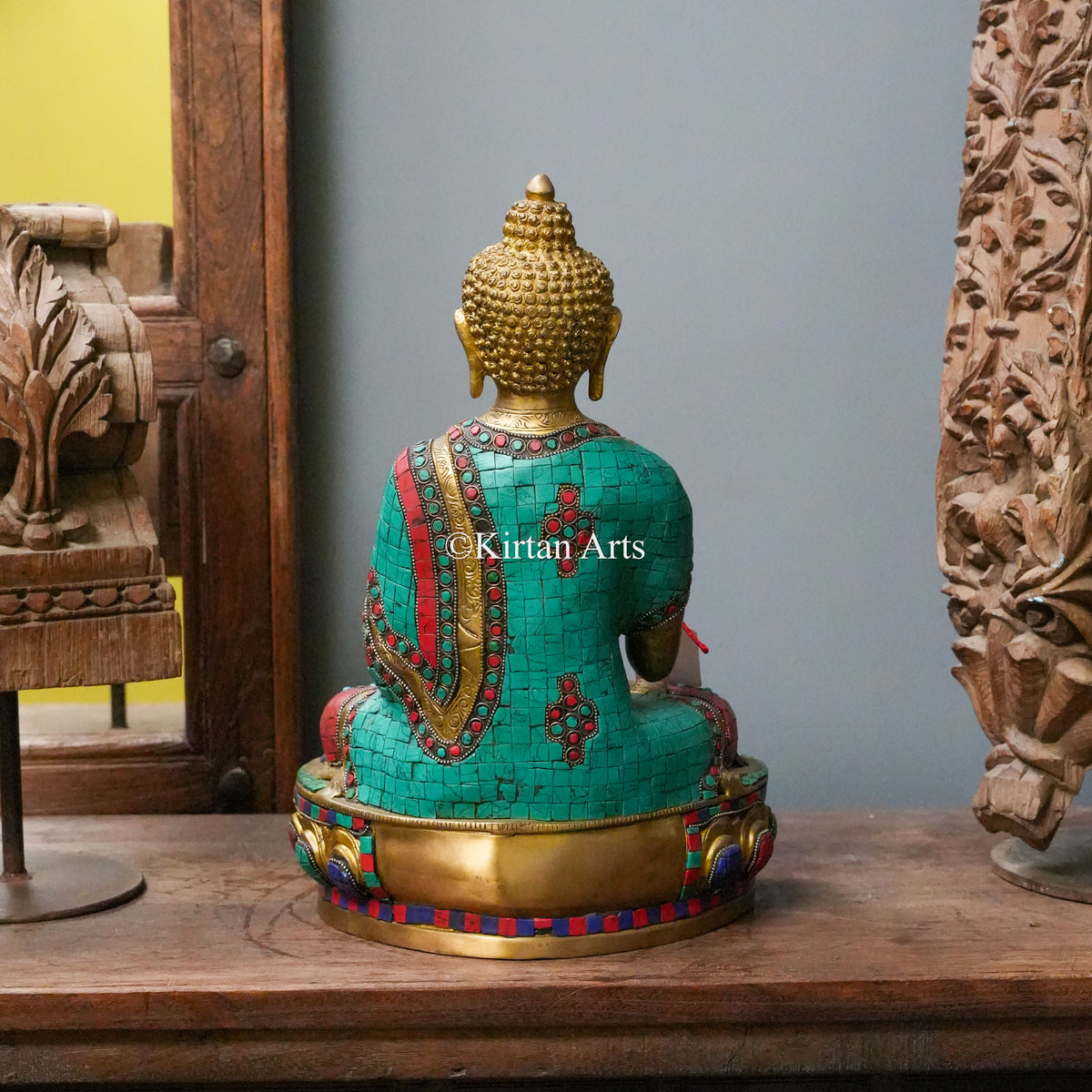 Brass Buddha Statue with Turquoise Mosaic Robe and Lotus Base 16"