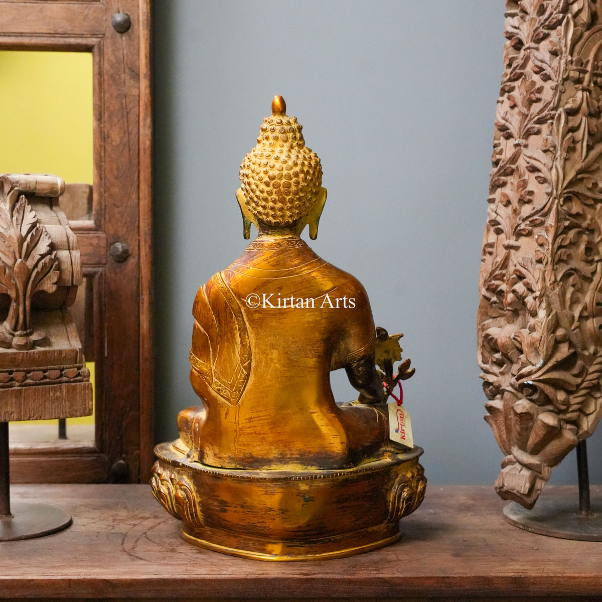 Antique Bronze-Finish Brass Buddha Statue with Lotus Flower 19"