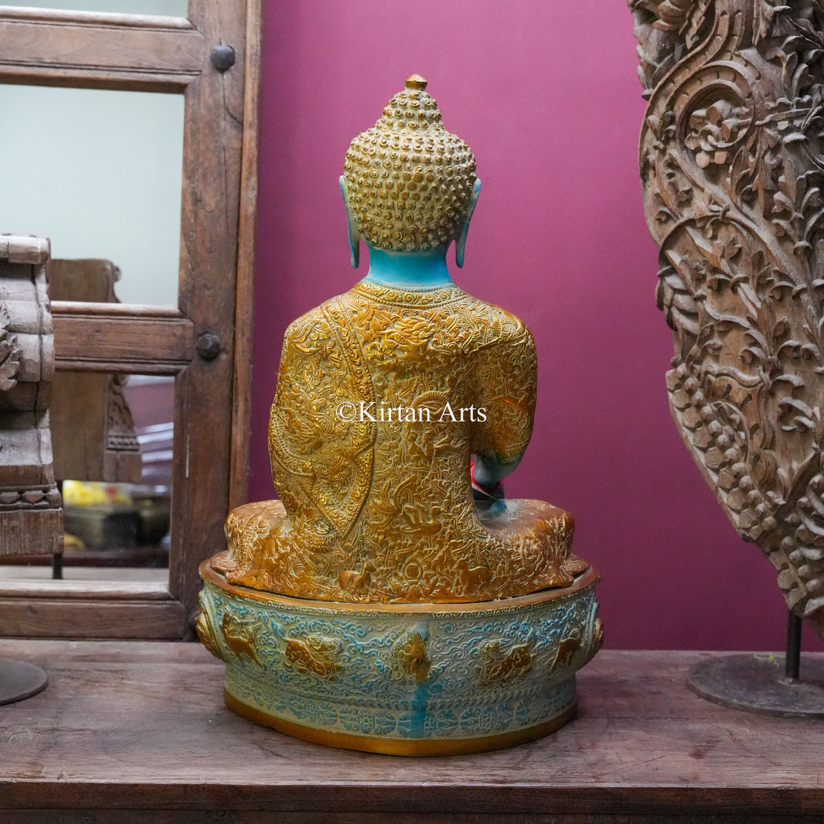 Brass Turquoise Buddha Statue with Gold Robe 21"