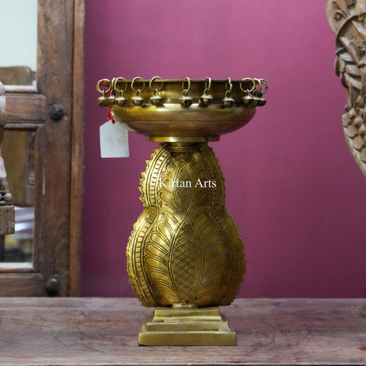 Brass Urli Bowl with Bells and Buddha Head Pedestal 13"