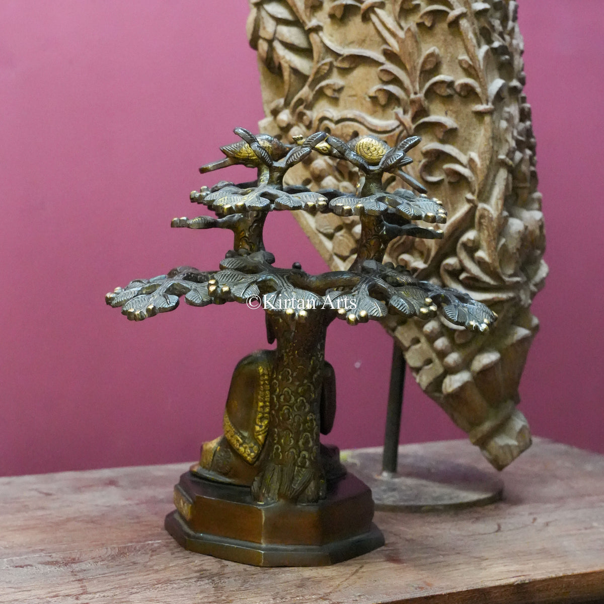 Brass Buddha Statue Beneath a Bodhi Tree with Birds 11"