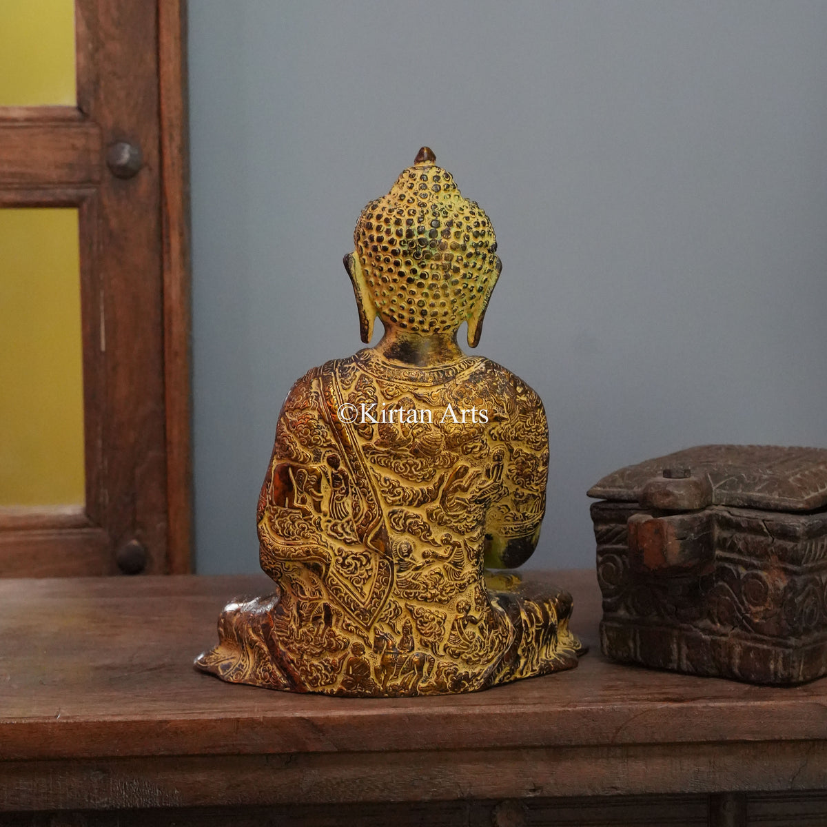 Antique Narrative Brass Buddha with Golden Face 12"