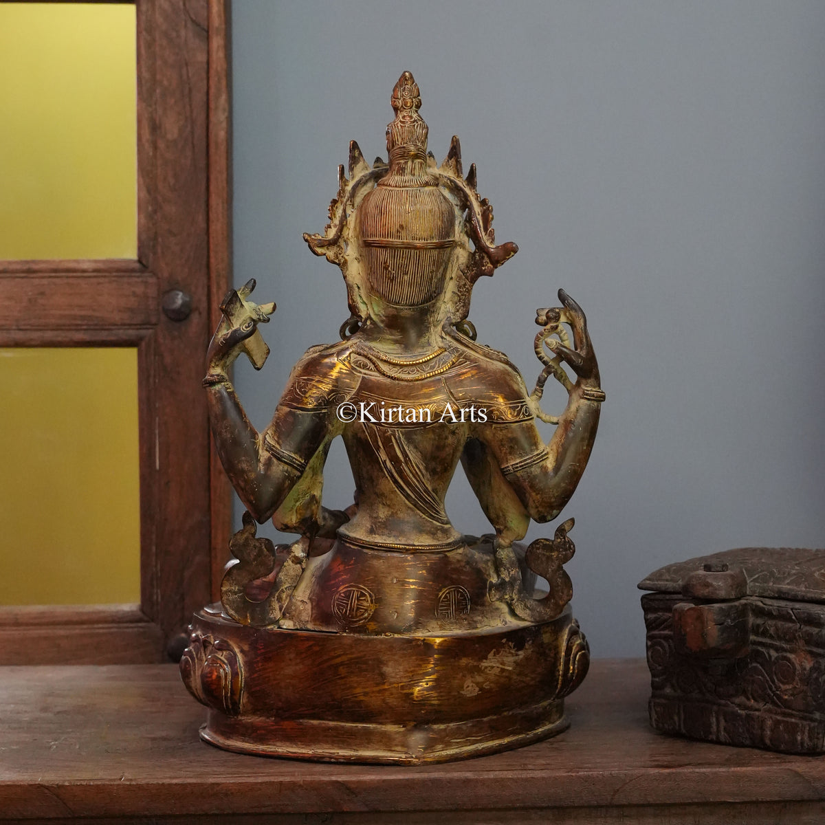 Four-Armed Crowned Brass Bodhisattva in Antique Bronze Finish 16.5"