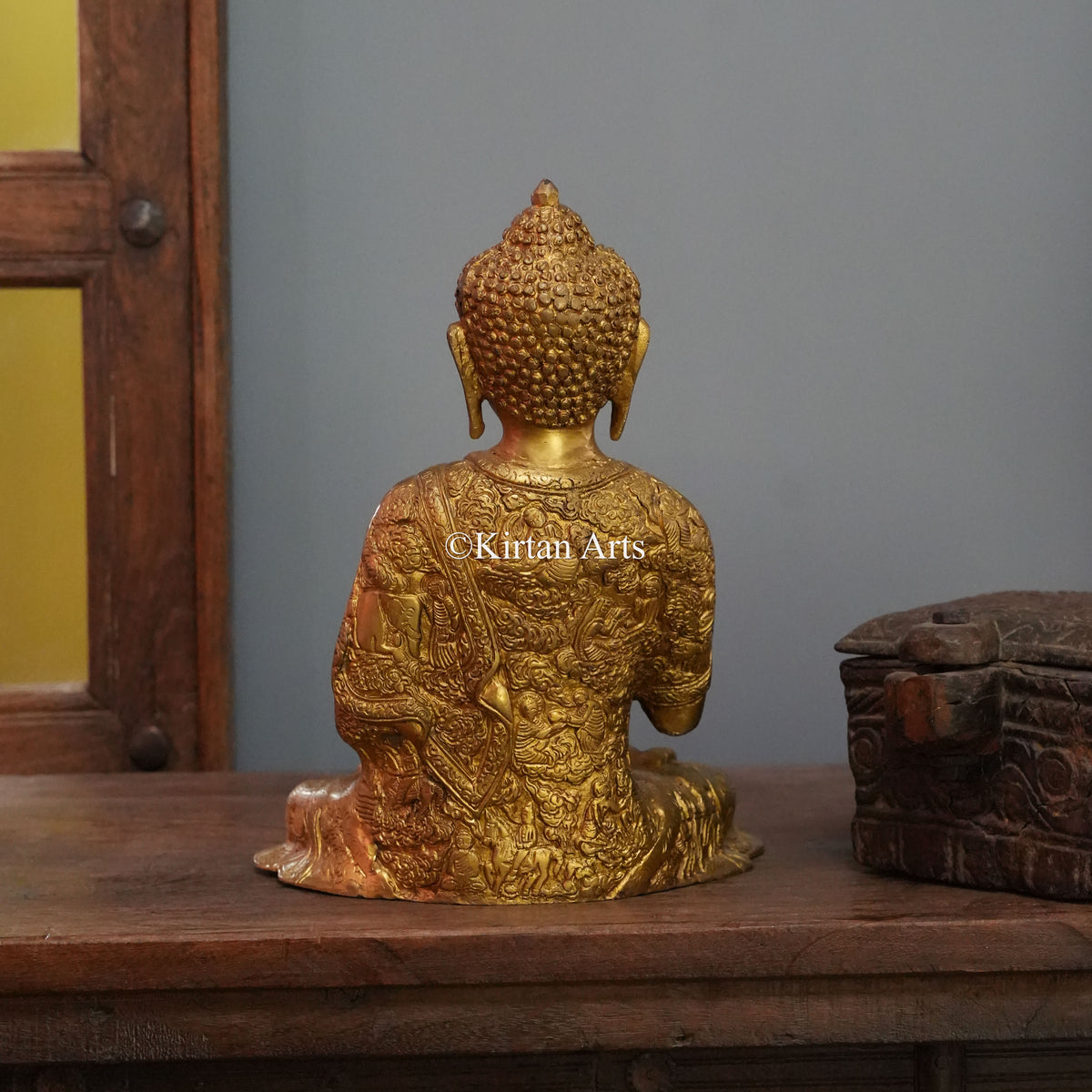 Polished Gold Brass Buddha with Vitarka Mudra and Narrative Robe 11.5"