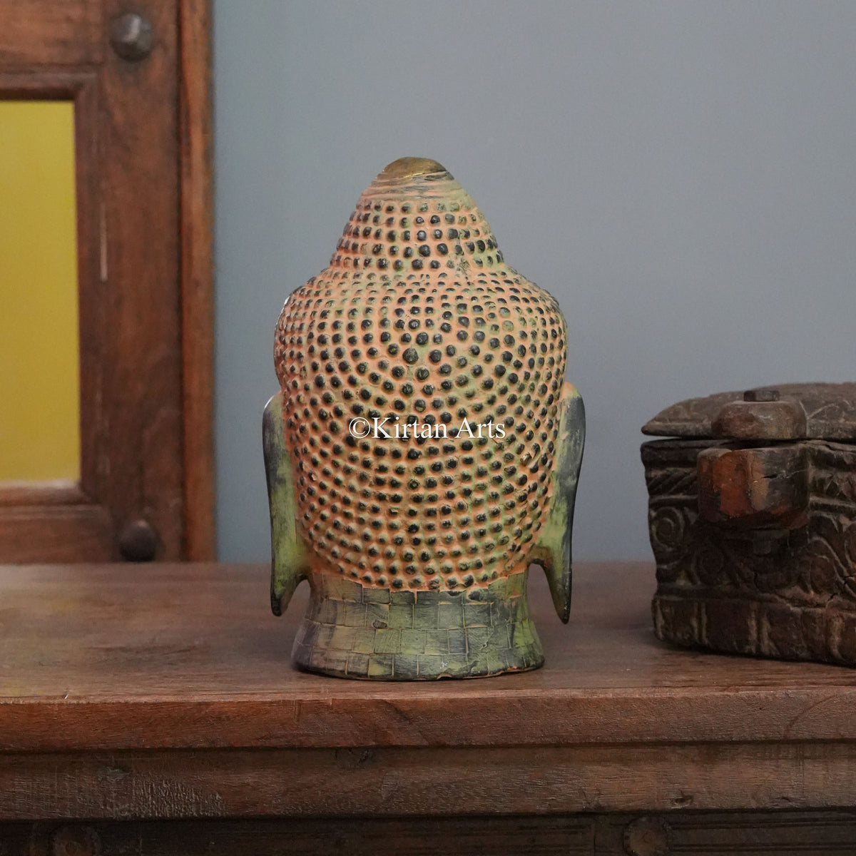 Mottled Patina Buddha Head with Beaded Face Border 9"