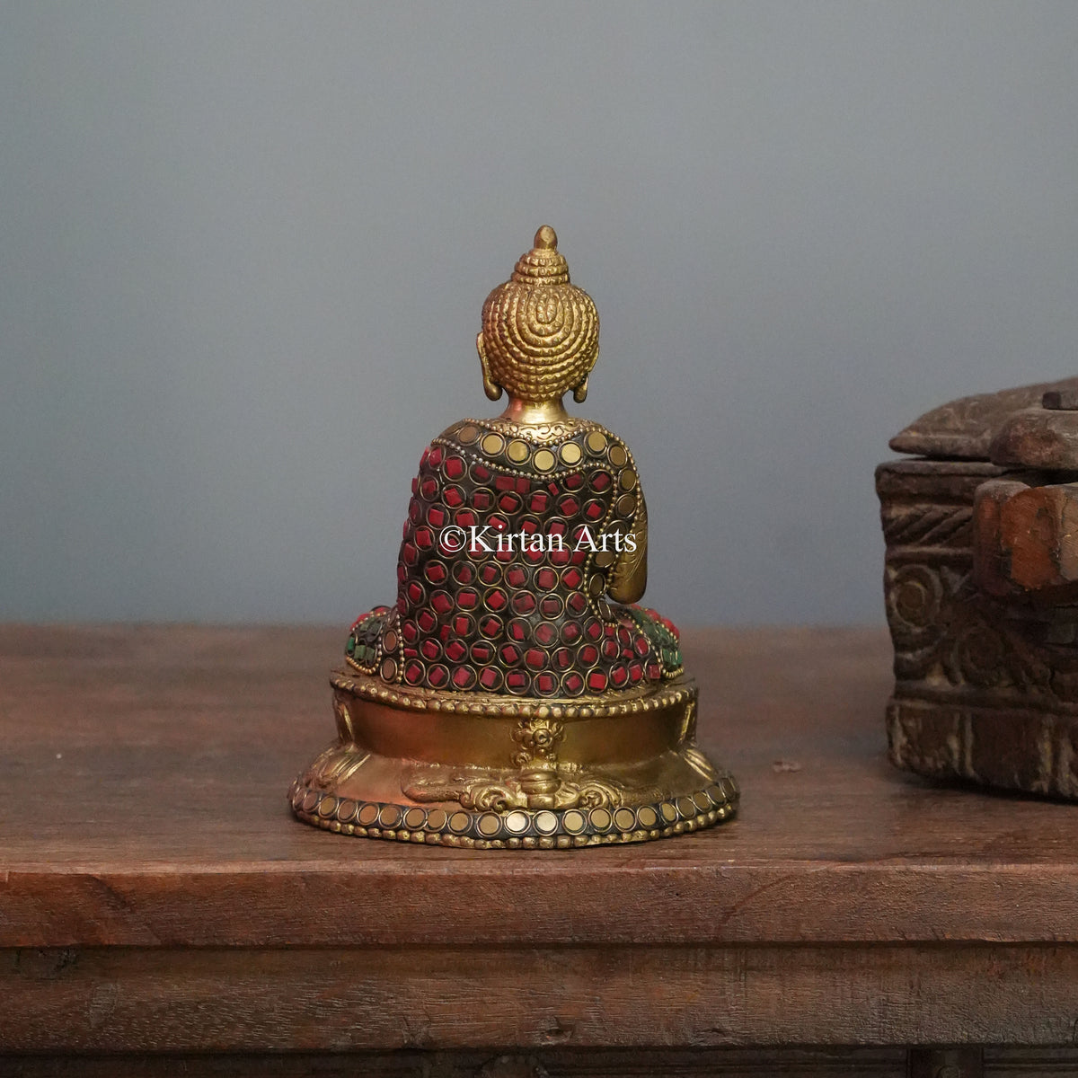 Polished Gold Brass Buddha with Inlay Robe 7"