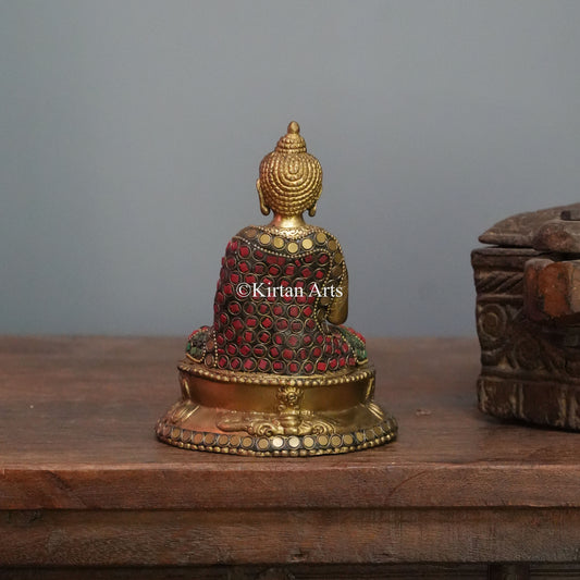 Polished Gold Brass Buddha with Inlay Robe 7"
