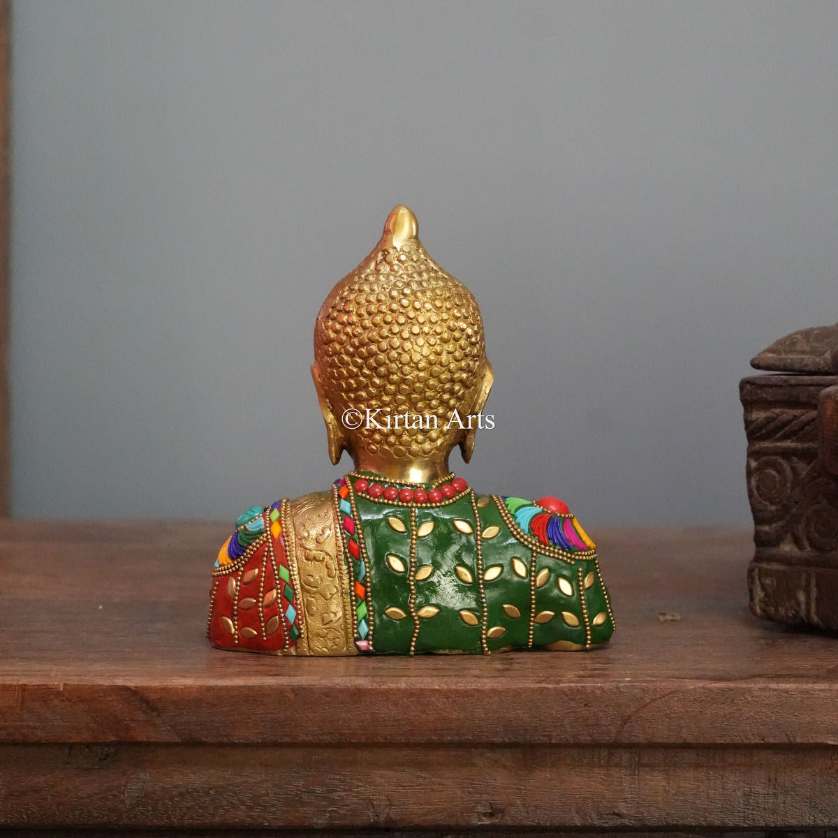 Brass Buddha Bust with Leaf-Motif Robe